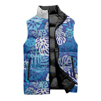 Blue Aloha Hawaiian Sleeveless Puffer Jacket Monstera Hibiscus Tropical Pattern LT19 - Polynesian Pride