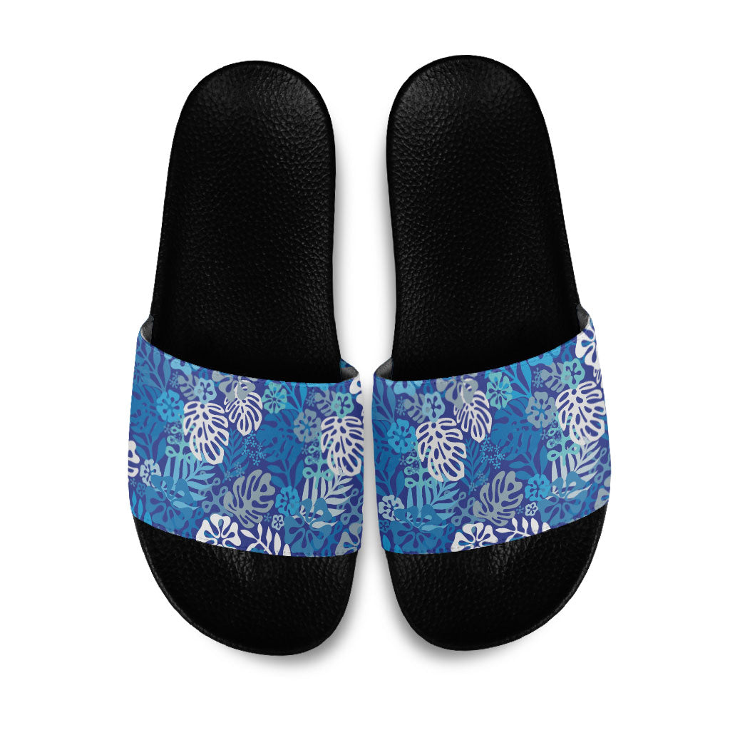 Blue Aloha Hawaiian Slide Sandals Monstera Hibiscus Tropical Pattern LT19 Blue - Polynesian Pride