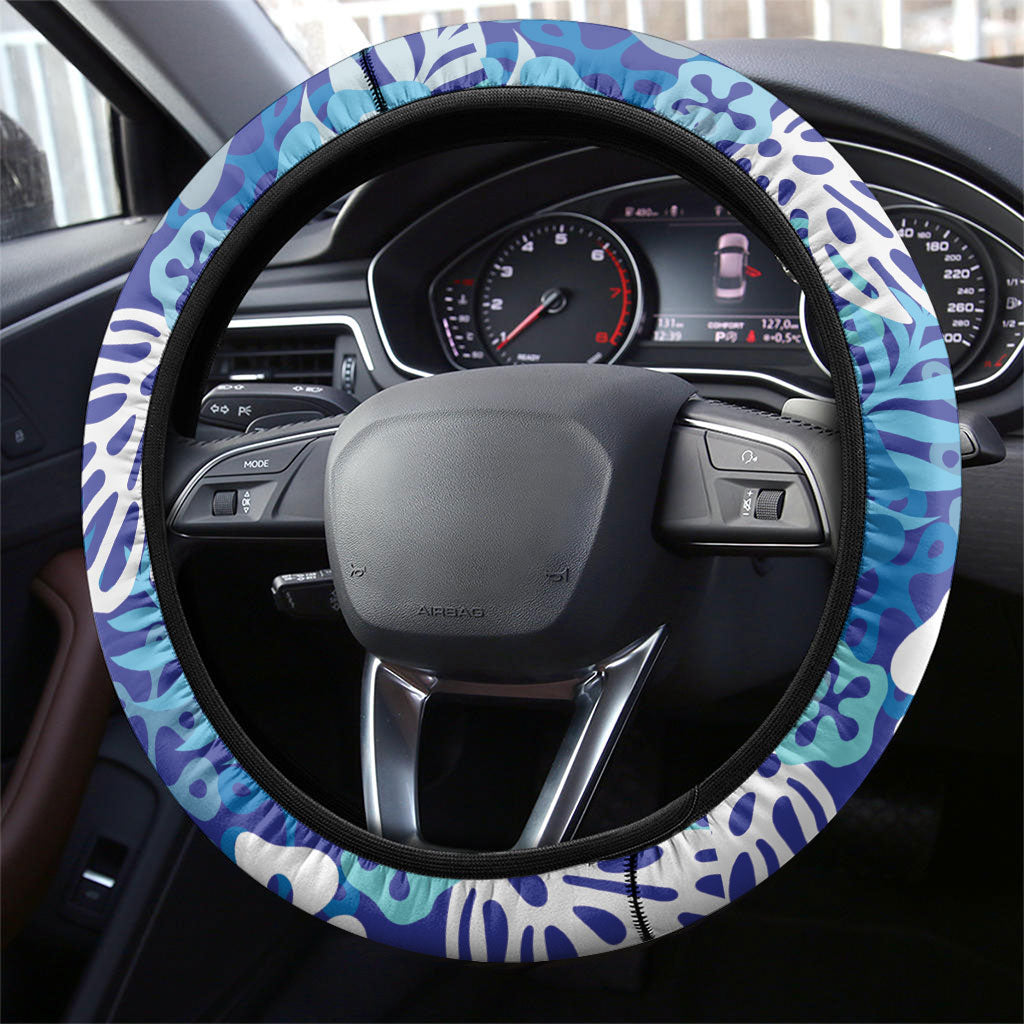 Blue Aloha Hawaiian Steering Wheel Cover Monstera Hibiscus Tropical Pattern LT19 - Polynesian Pride