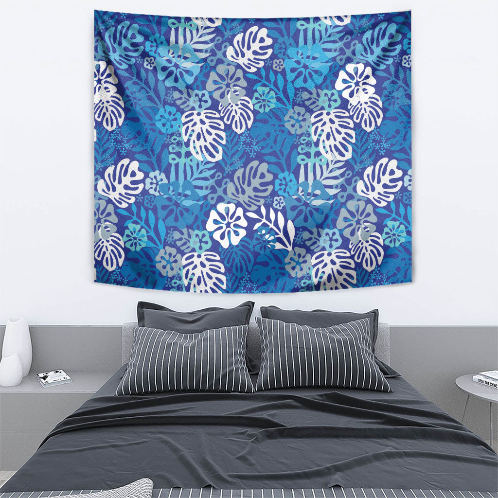 Blue Aloha Hawaiian Tapestry Monstera Hibiscus Tropical Pattern LT19 - Polynesian Pride