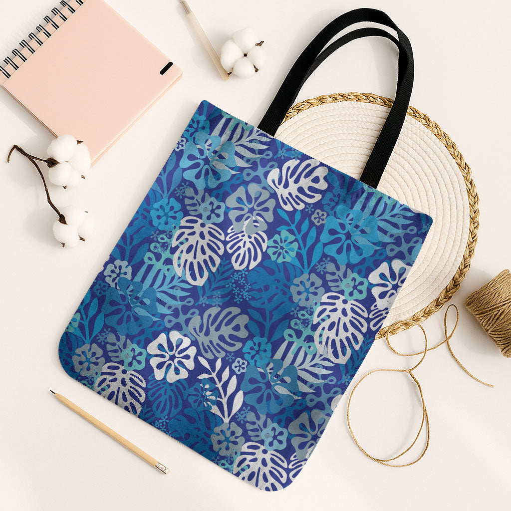 Blue Aloha Hawaiian Tote Bag Monstera Hibiscus Tropical Pattern LT19 Black Strap One Size Blue - Polynesian Pride