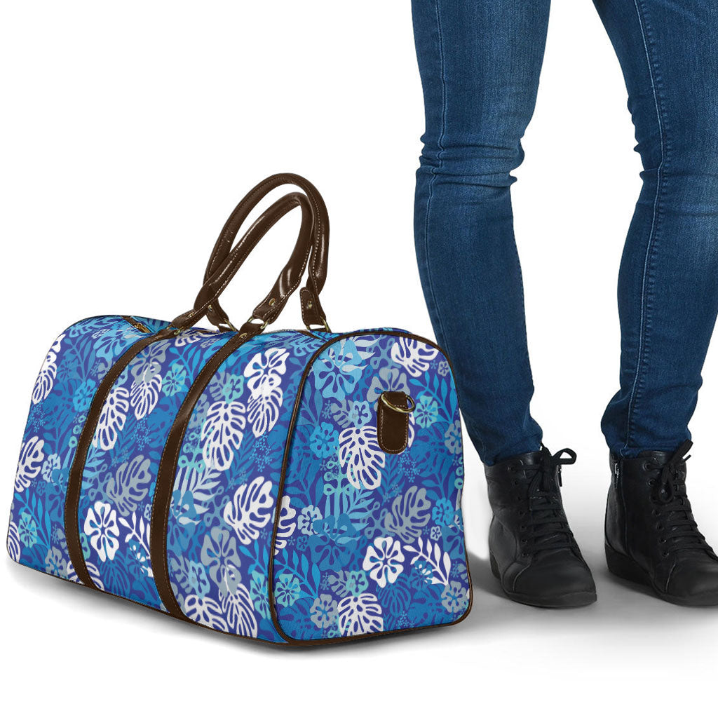 Blue Aloha Hawaiian Travel Bag Monstera Hibiscus Tropical Pattern