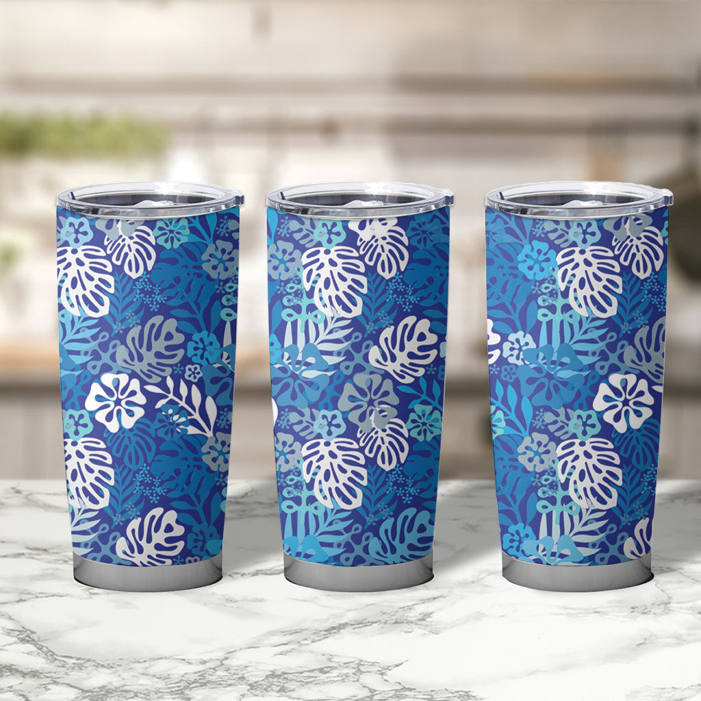 Blue Aloha Hawaiian Tumbler Cup Monstera Hibiscus Tropical Pattern LT19 - Polynesian Pride