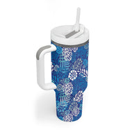 Blue Aloha Hawaiian Tumbler With Handle Monstera Hibiscus Tropical Pattern LT19 - Polynesian Pride