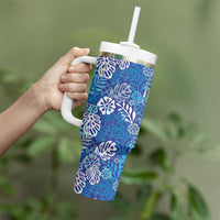 Blue Aloha Hawaiian Tumbler With Handle Monstera Hibiscus Tropical Pattern LT19 - Polynesian Pride