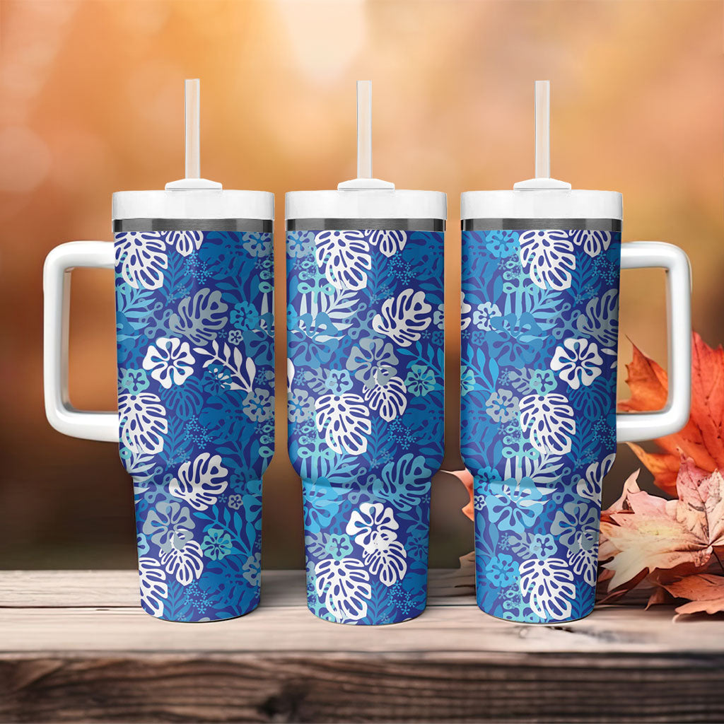 Blue Aloha Hawaiian Tumbler With Handle Monstera Hibiscus Tropical Pattern LT19 - Polynesian Pride