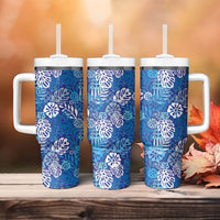 Blue Aloha Hawaiian Tumbler With Handle Monstera Hibiscus Tropical Pattern LT19 - Polynesian Pride