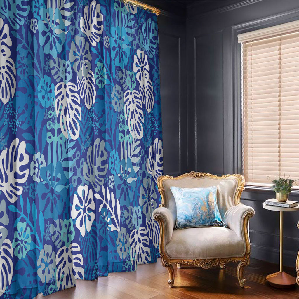Blue Aloha Hawaiian Window Curtain Monstera Hibiscus Tropical Pattern LT19 - Polynesian Pride