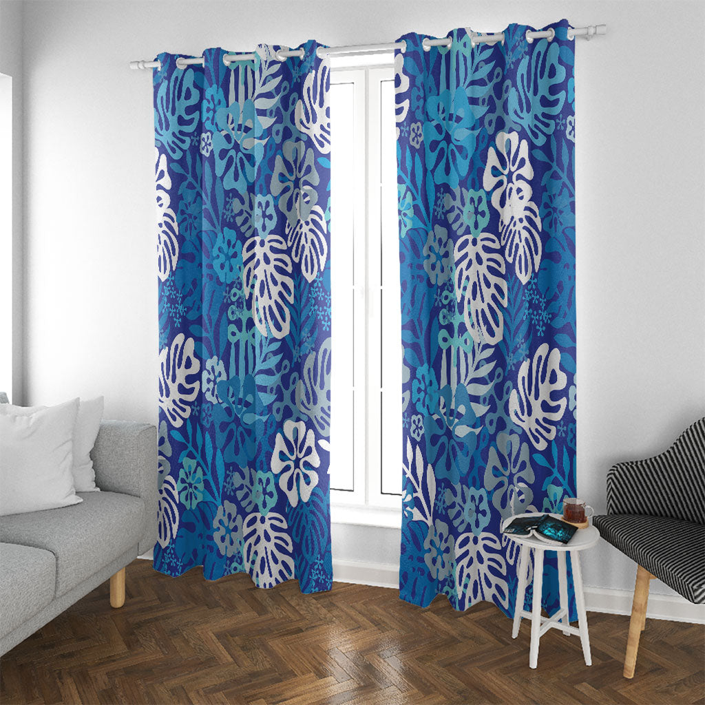 Blue Aloha Hawaiian Window Curtain Monstera Hibiscus Tropical Pattern LT19 With Grommets Blue - Polynesian Pride