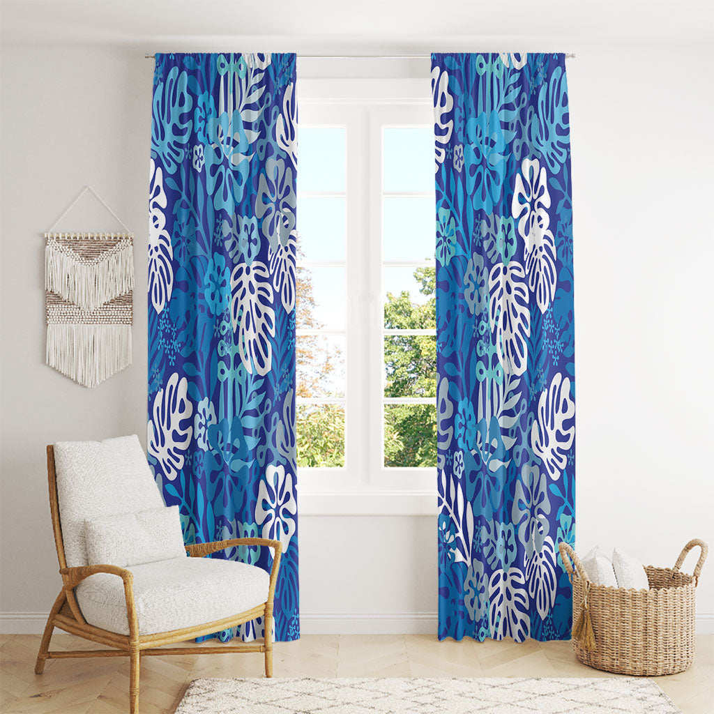 Blue Aloha Hawaiian Window Curtain Monstera Hibiscus Tropical Pattern LT19 - Polynesian Pride