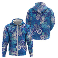 Blue Aloha Hawaiian Zip Hoodie Monstera Hibiscus Tropical Pattern