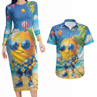 Funny Hawaii Mango Couples Matching Long Sleeve Bodycon Dress and Hawaiian Shirt Tropical Summer Beach Mascot Vacation LT19 Blue - Polynesian Pride