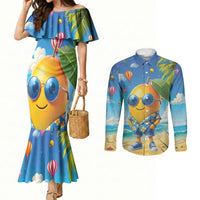 Funny Hawaii Mango Couples Matching Mermaid Dress and Long Sleeve Button Shirt Tropical Summer Beach Mascot Vacation LT19 Blue - Polynesian Pride