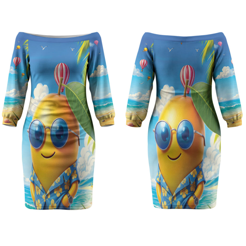 Funny Hawaii Mango Couples Matching Off The Shoulder Long Sleeve Dress and Hawaiian Shirt Tropical Summer Beach Mascot Vacation LT19 - Polynesian Pride