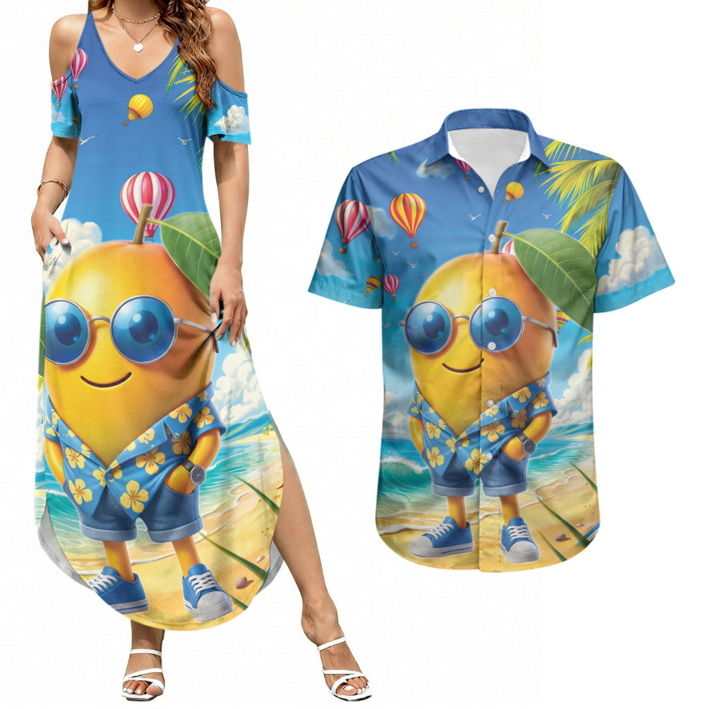 Funny Hawaii Mango Couples Matching Summer Maxi Dress and Hawaiian Shirt Tropical Summer Beach Mascot Vacation LT19 Blue - Polynesian Pride