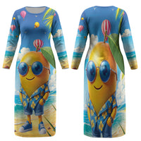 Funny Hawaii Mango Family Matching Long Sleeve Bodycon Dress and Hawaiian Shirt Tropical Summer Beach Mascot Vacation LT19 Mom's Dress Blue - Polynesian Pride