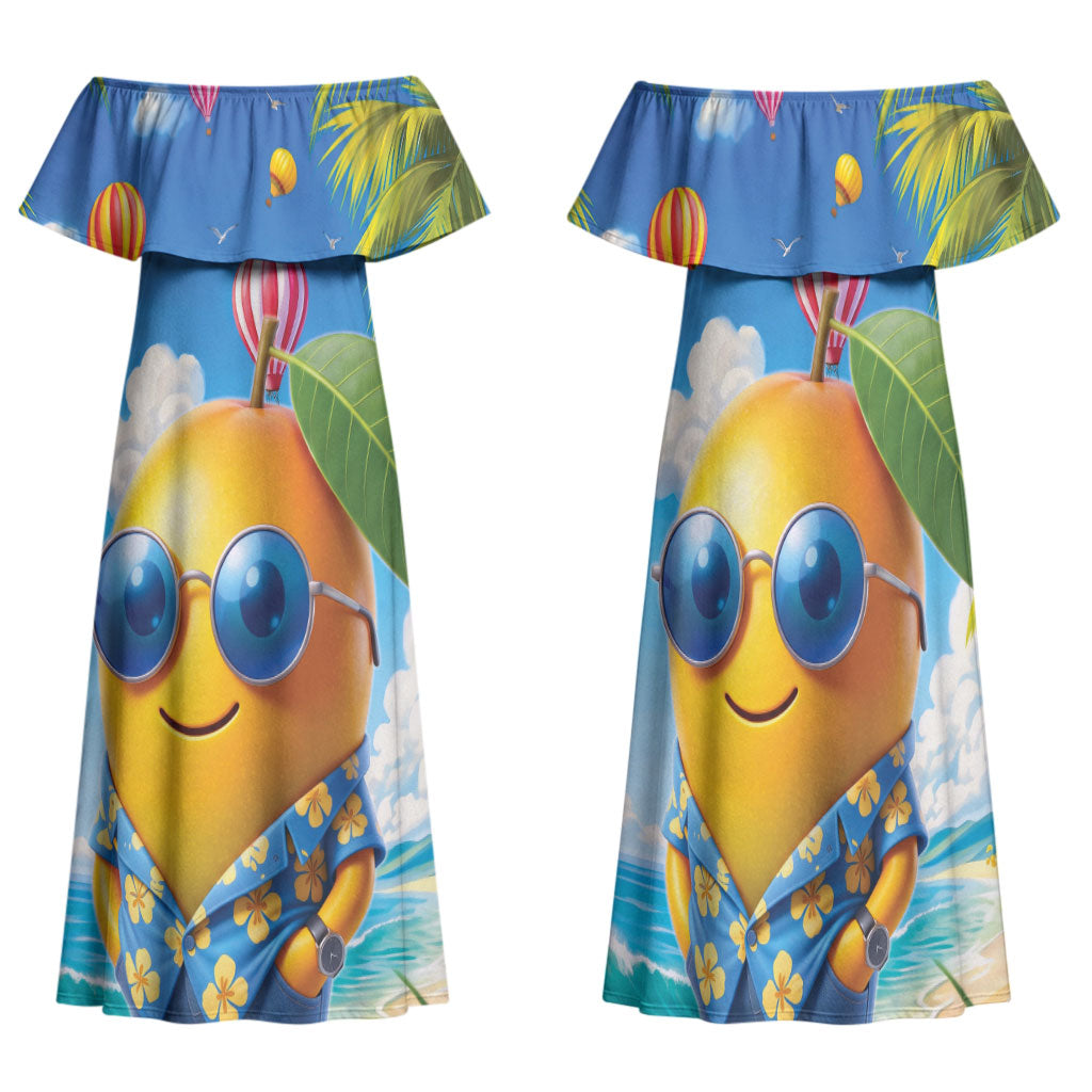 Funny Hawaii Mango Family Matching Off Shoulder Maxi Dress and Hawaiian Shirt Tropical Summer Beach Mascot Vacation LT19 Mom's Dress Blue - Polynesian Pride