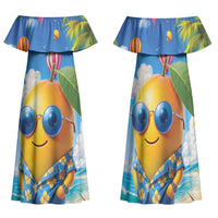 Funny Hawaii Mango Family Matching Off Shoulder Maxi Dress and Hawaiian Shirt Tropical Summer Beach Mascot Vacation LT19 Mom's Dress Blue - Polynesian Pride
