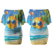 Funny Hawaii Mango Family Matching Off Shoulder Short Dress and Hawaiian Shirt Tropical Summer Beach Mascot Vacation LT19 Mom's Dress Blue - Polynesian Pride