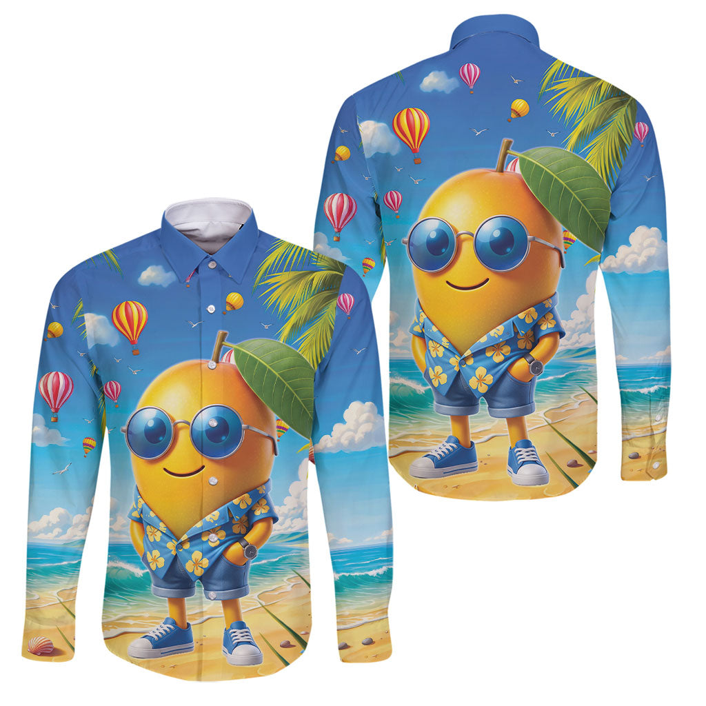Funny Hawaii Mango Family Matching Tank Maxi Dress and Hawaiian Shirt Tropical Summer Beach Mascot Vacation LT19 Dad's Shirt - Long Sleeve Blue - Polynesian Pride
