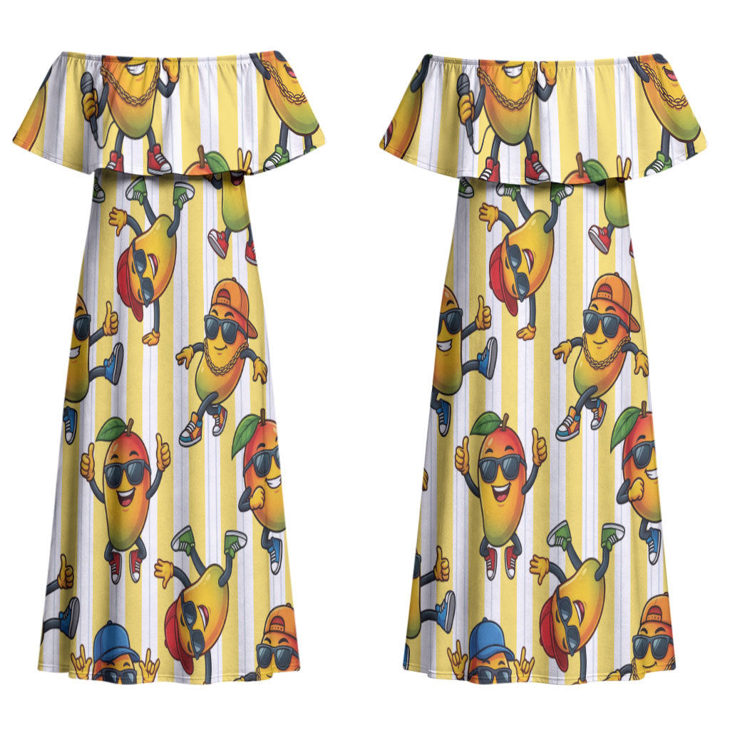 Funny Hawaii Mango Hip Hop Cartoon Couples Matching Off Shoulder Maxi Dress and Hawaiian Shirt Summer Beach Party LT19 - Polynesian Pride