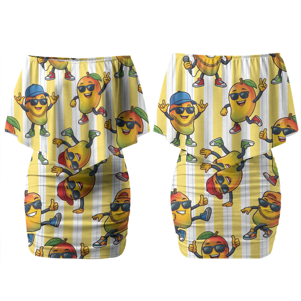 Funny Hawaii Mango Hip Hop Cartoon Couples Matching Off Shoulder Short Dress and Hawaiian Shirt Summer Beach Party LT19 - Polynesian Pride