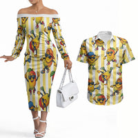 Funny Hawaii Mango Hip Hop Cartoon Couples Matching Off The Shoulder Long Sleeve Dress and Hawaiian Shirt Summer Beach Party LT19 Yellow - Polynesian Pride