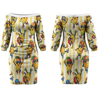 Funny Hawaii Mango Hip Hop Cartoon Couples Matching Off The Shoulder Long Sleeve Dress and Hawaiian Shirt Summer Beach Party LT19 - Polynesian Pride