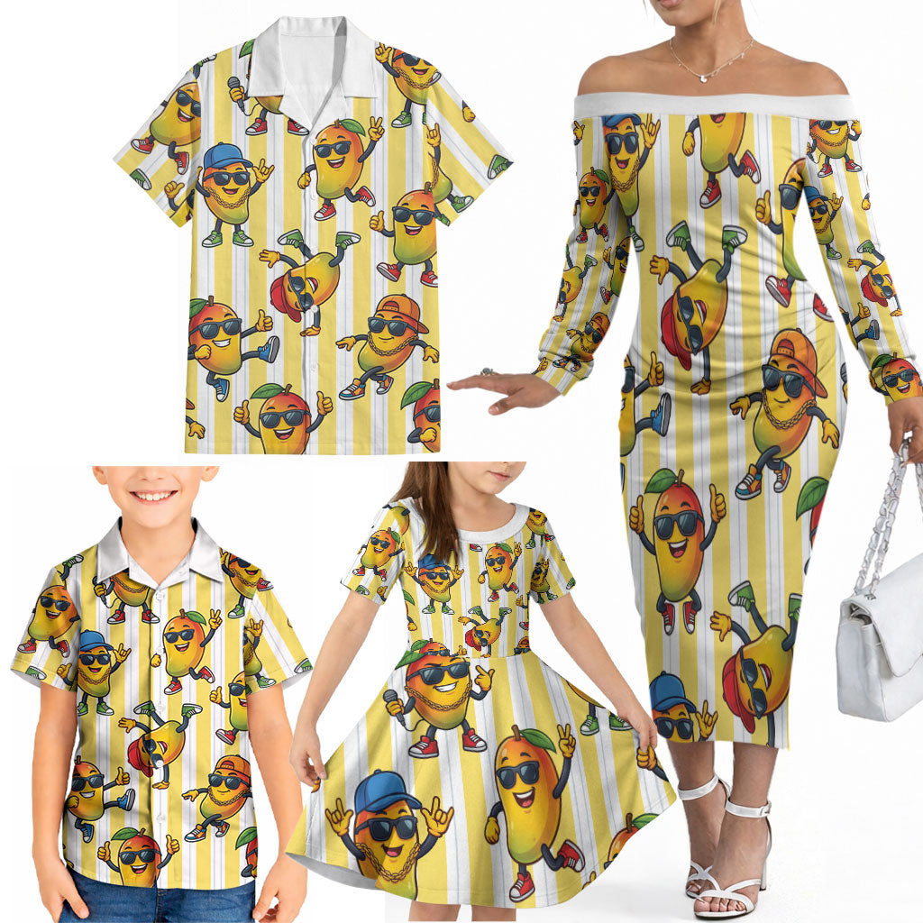 Funny Hawaii Mango Hip Hop Cartoon Family Matching Off The Shoulder Long Sleeve Dress and Hawaiian Shirt Summer Beach Party LT19 - Polynesian Pride
