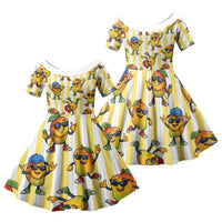 Funny Hawaii Mango Hip Hop Cartoon Family Matching Off The Shoulder Long Sleeve Dress and Hawaiian Shirt Summer Beach Party LT19 Daughter's Dress Yellow - Polynesian Pride