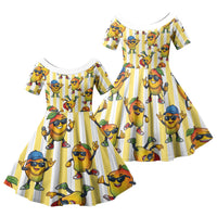 Funny Hawaii Mango Hip Hop Cartoon Family Matching Short Sleeve Bodycon Dress and Hawaiian Shirt Summer Beach Party LT19 Daughter's Dress Yellow - Polynesian Pride