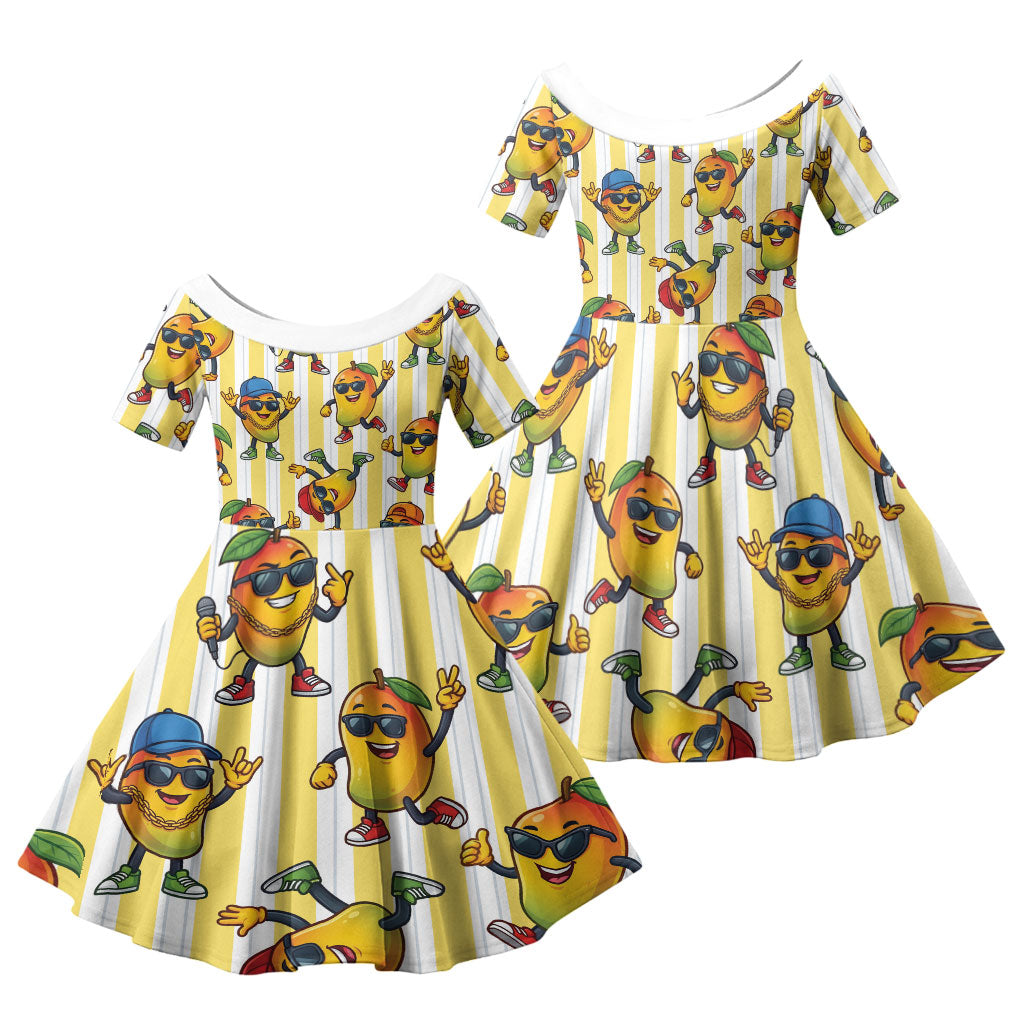 Funny Hawaii Mango Hip Hop Cartoon Family Matching Tank Maxi Dress and Hawaiian Shirt Summer Beach Party LT19 Daughter's Dress Yellow - Polynesian Pride