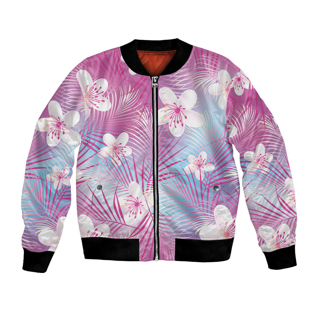 Pink Aloha Hawaiian Bomber Jacket Tropical Flower Palm Leaf Pattern LT19 Unisex Pink - Polynesian Pride