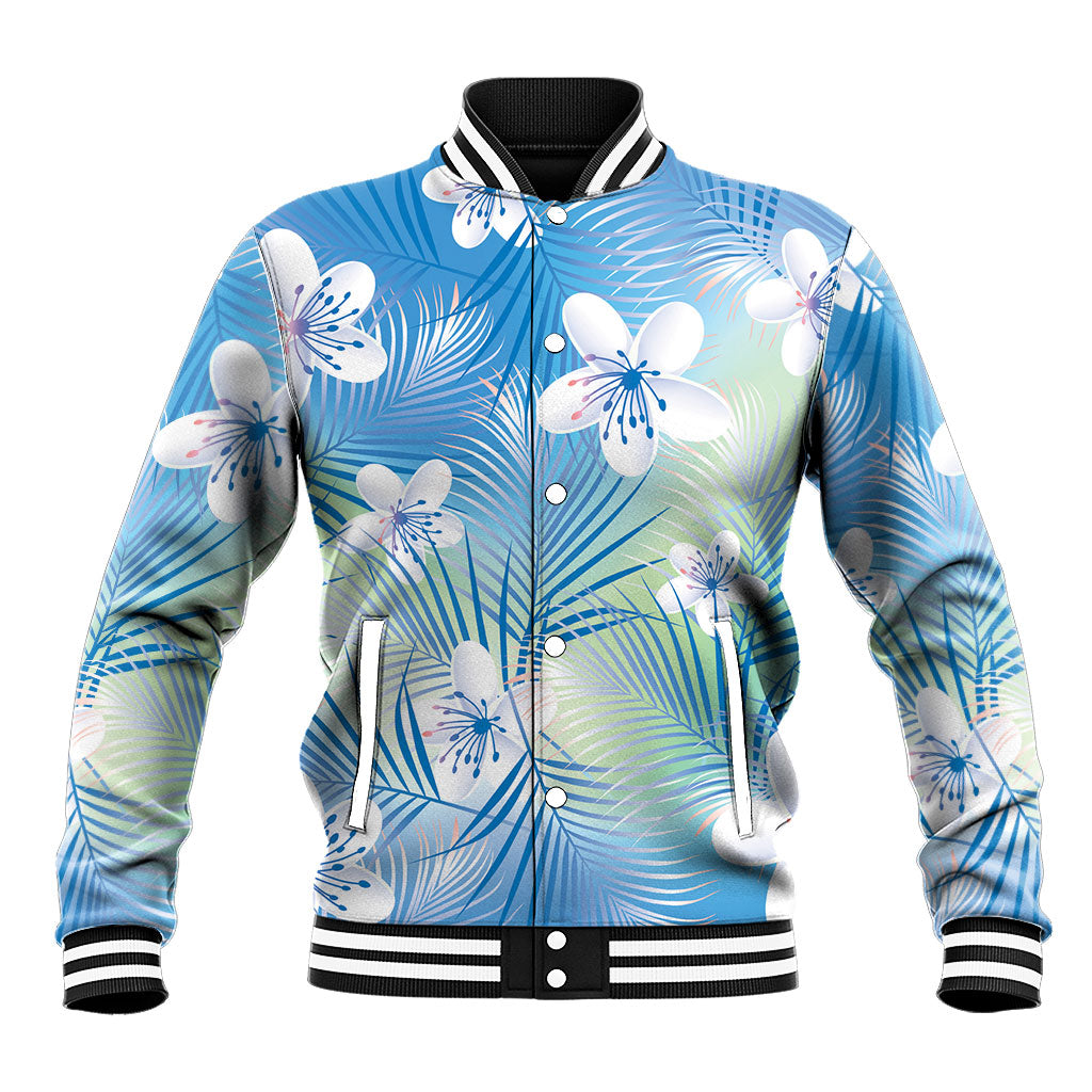 Blue Aloha Hawaiian Baseball Jacket Tropical Flower Palm Leaf Pattern LT19 Unisex Blue - Polynesian Pride