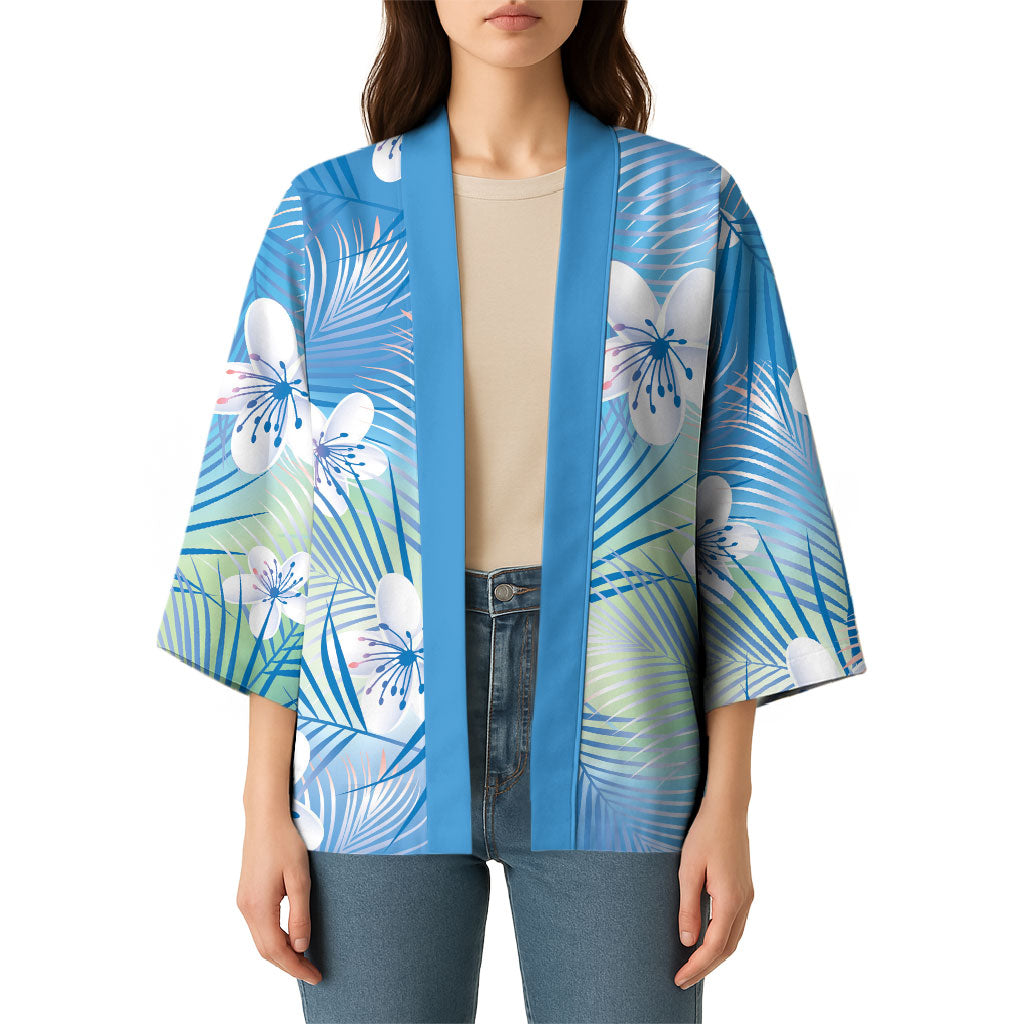 Blue Aloha Hawaiian Kimono Tropical Flower Palm Leaf Pattern LT19 - Polynesian Pride