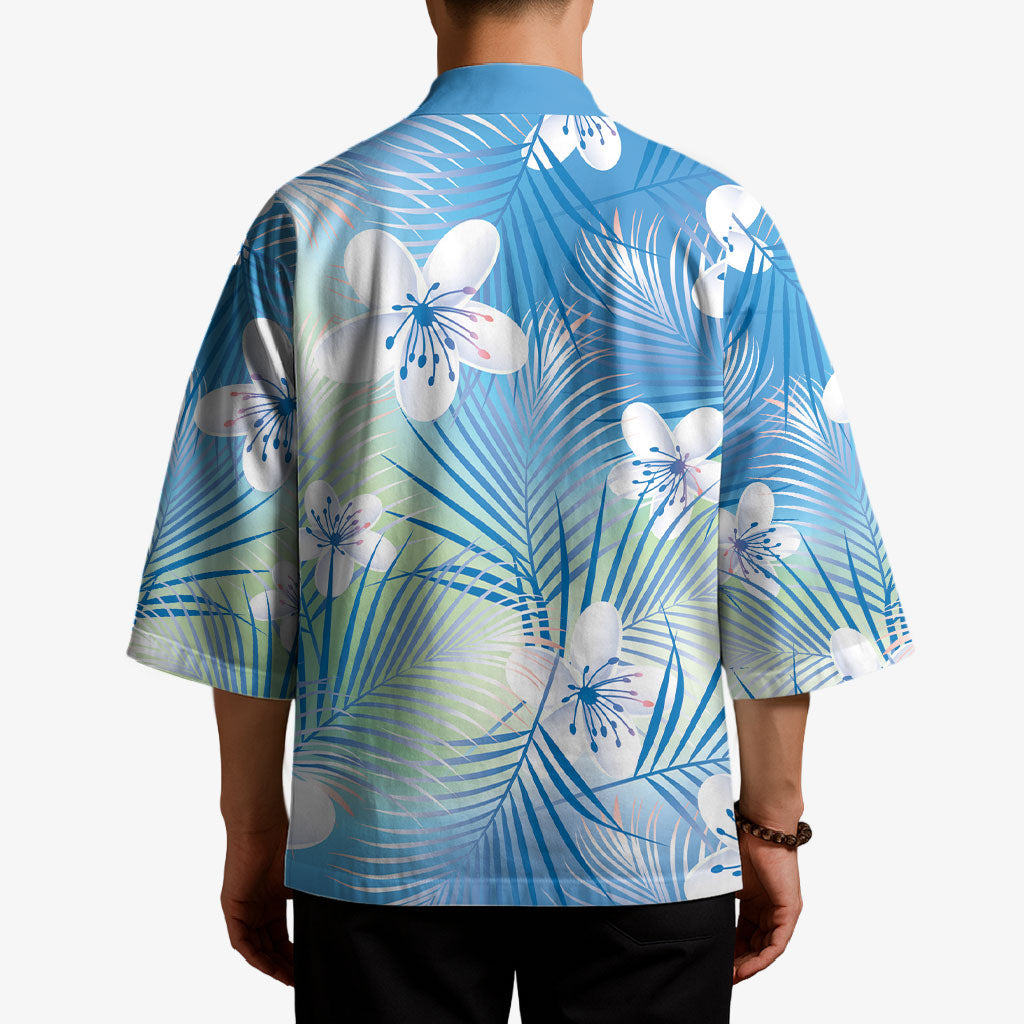 Blue Aloha Hawaiian Kimono Tropical Flower Palm Leaf Pattern LT19 - Polynesian Pride