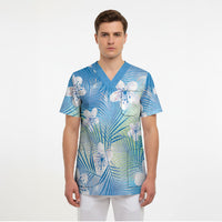 Blue Aloha Hawaiian Scrub Top Tropical Flower Palm Leaf Pattern LT19 - Polynesian Pride