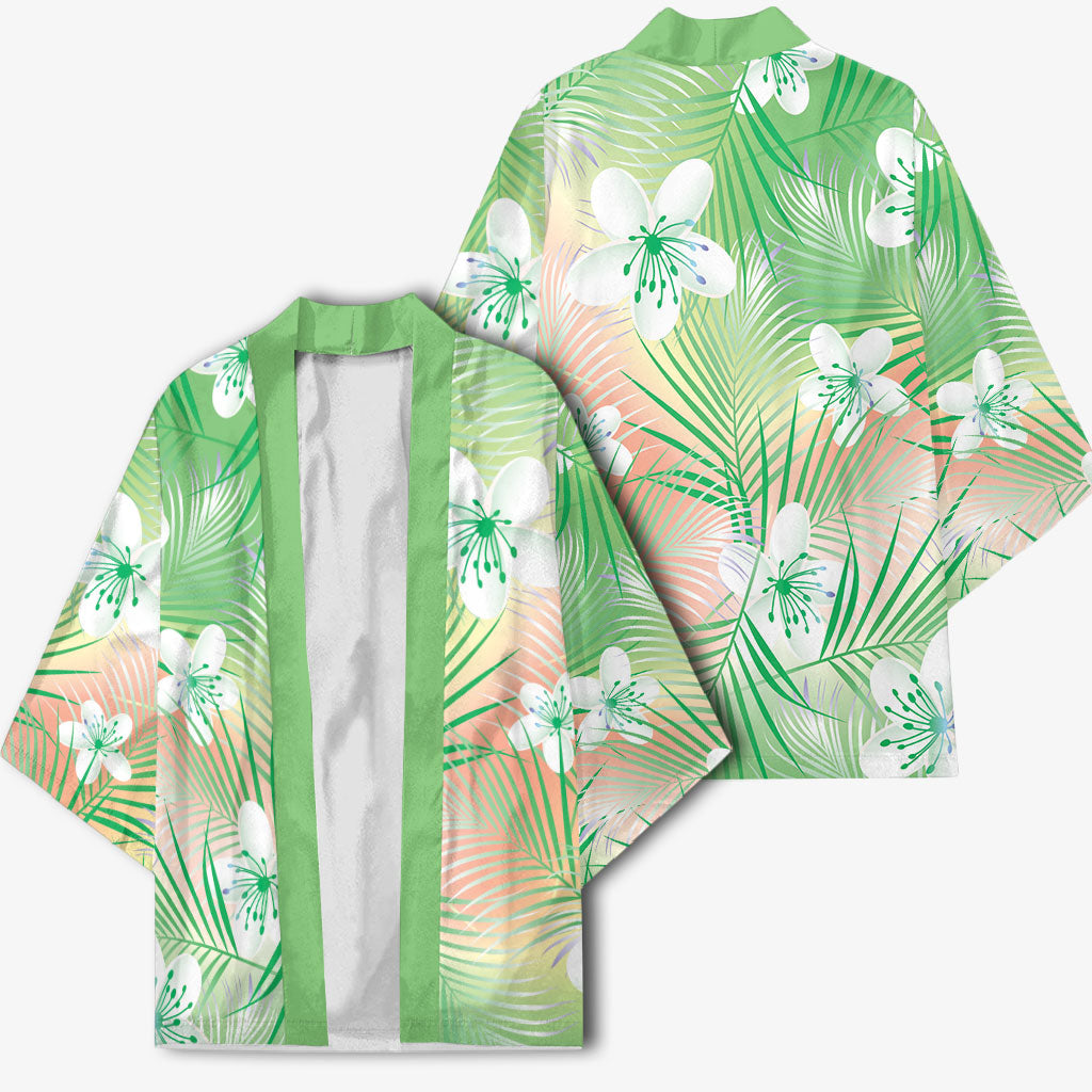 Green Aloha Hawaiian Kimono Tropical Flower Palm Leaf Pattern LT19 - Polynesian Pride