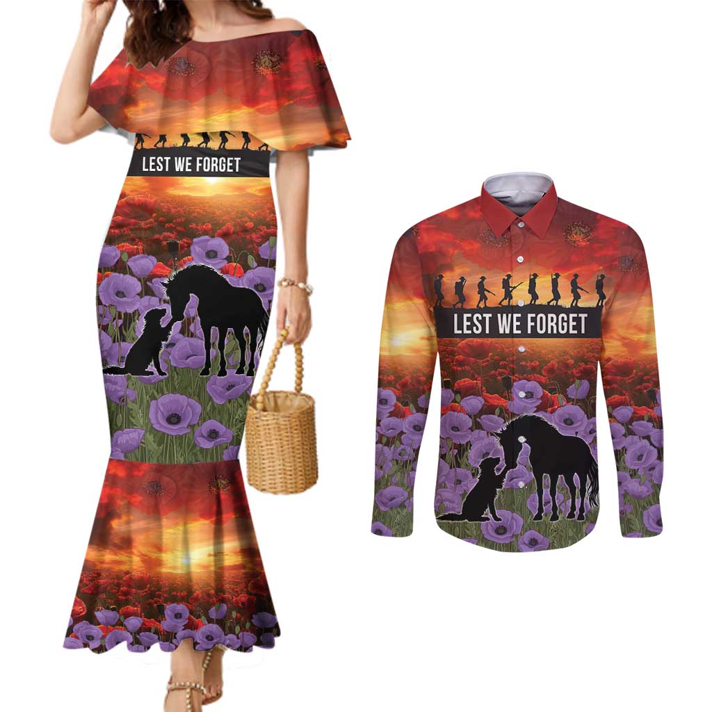 Personalised ANZAC Day Couples Matching Mermaid Dress and Long Sleeve Button Shirt Remembering the Animals of War