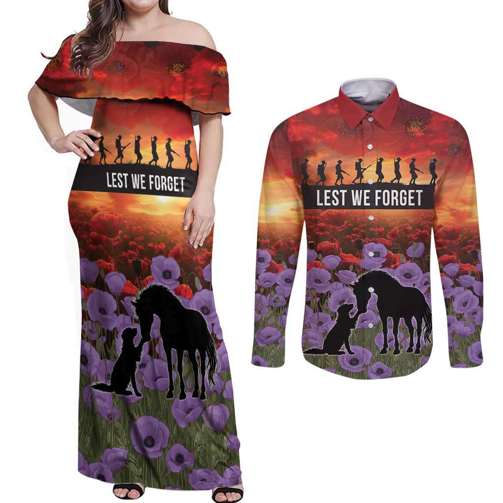 Personalised ANZAC Day Couples Matching Off Shoulder Maxi Dress and Long Sleeve Button Shirt Remembering the Animals of War