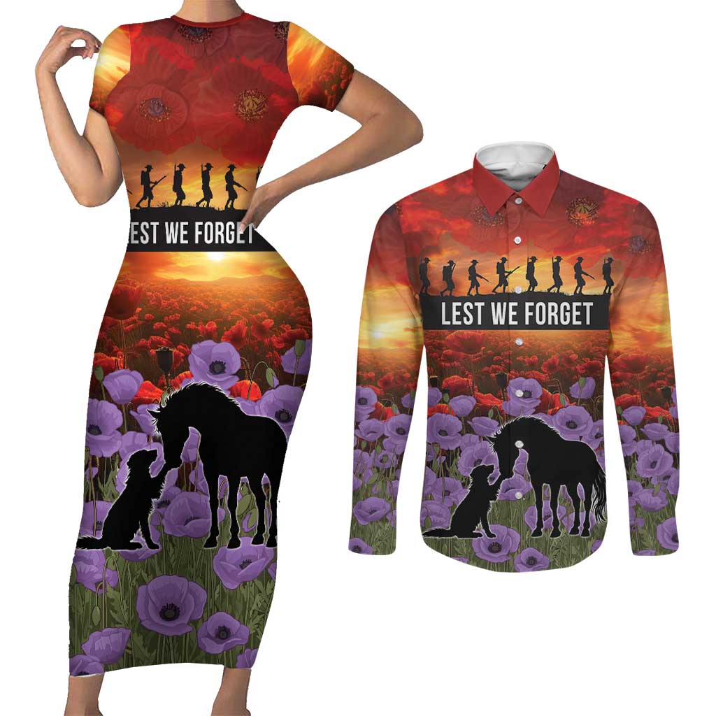 Personalised ANZAC Day Couples Matching Short Sleeve Bodycon Dress and Long Sleeve Button Shirt Remembering the Animals of War
