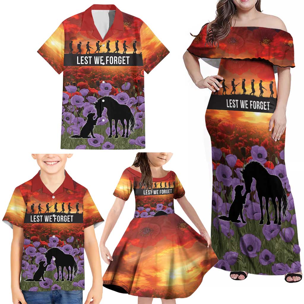 Personalised ANZAC Day Family Matching Off Shoulder Maxi Dress and Hawaiian Shirt Remembering the Animals of War