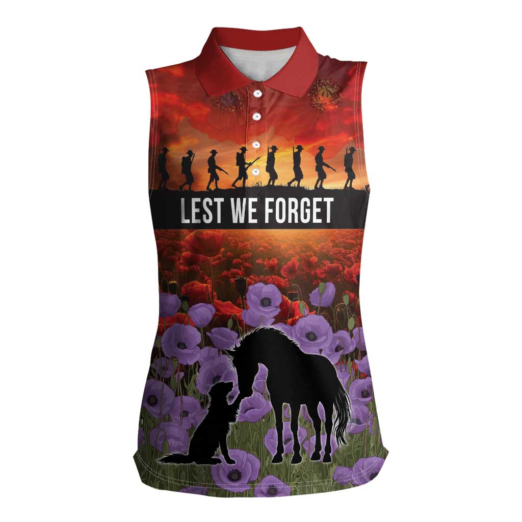 Personalised ANZAC Day Women Sleeveless Polo Shirt Remembering the Animals of War
