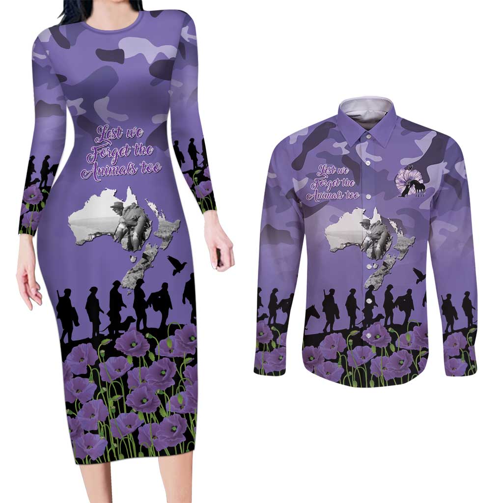 ANZAC Day Couples Matching Long Sleeve Bodycon Dress and Long Sleeve Button Shirt Lest We Forget the Animals Too