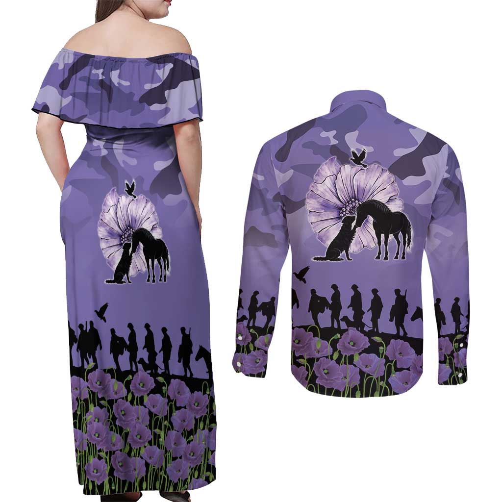 ANZAC Day Couples Matching Off Shoulder Maxi Dress and Long Sleeve Button Shirt Lest We Forget the Animals Too