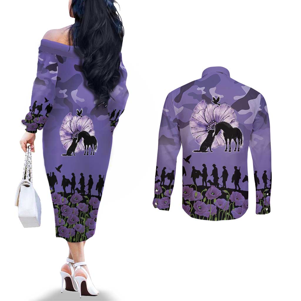 ANZAC Day Couples Matching Off The Shoulder Long Sleeve Dress and Long Sleeve Button Shirt Lest We Forget the Animals Too