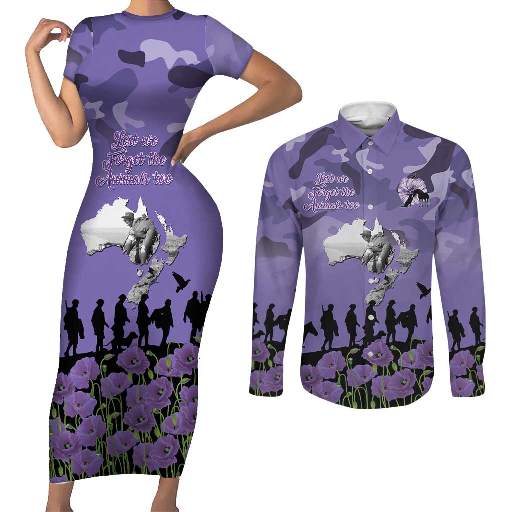 ANZAC Day Couples Matching Short Sleeve Bodycon Dress and Long Sleeve Button Shirt Lest We Forget the Animals Too