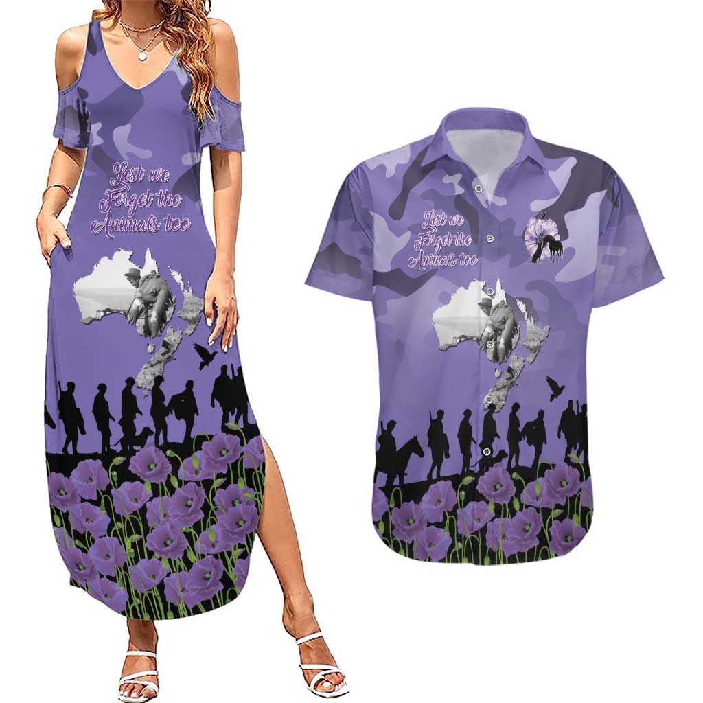 ANZAC Day Couples Matching Summer Maxi Dress and Hawaiian Shirt Lest We Forget the Animals Too LT19 Purple - Polynesian Pride