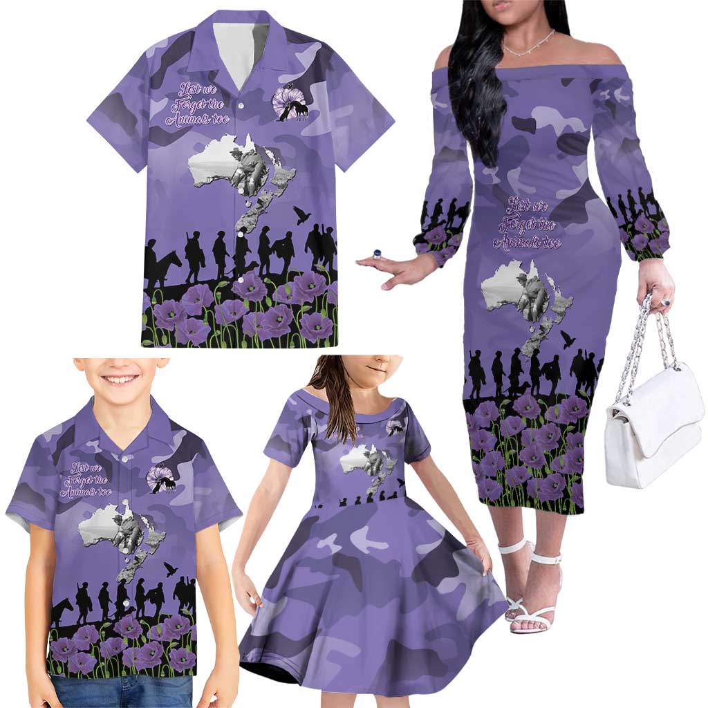 ANZAC Day Family Matching Off The Shoulder Long Sleeve Dress and Hawaiian Shirt Lest We Forget the Animals Too