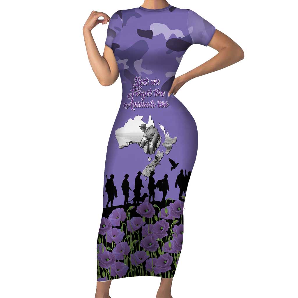 ANZAC Day Short Sleeve Bodycon Dress Lest We Forget the Animals Too LT19 Long Dress Purple - Polynesian Pride